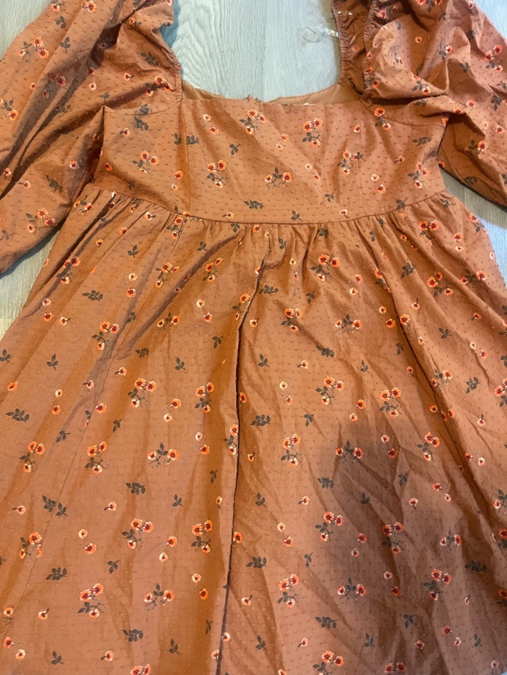Women’s Altered State Puff-Sleeve Midi babydoll Dress in Rust Floral boho hippie - Picture 5 of 7